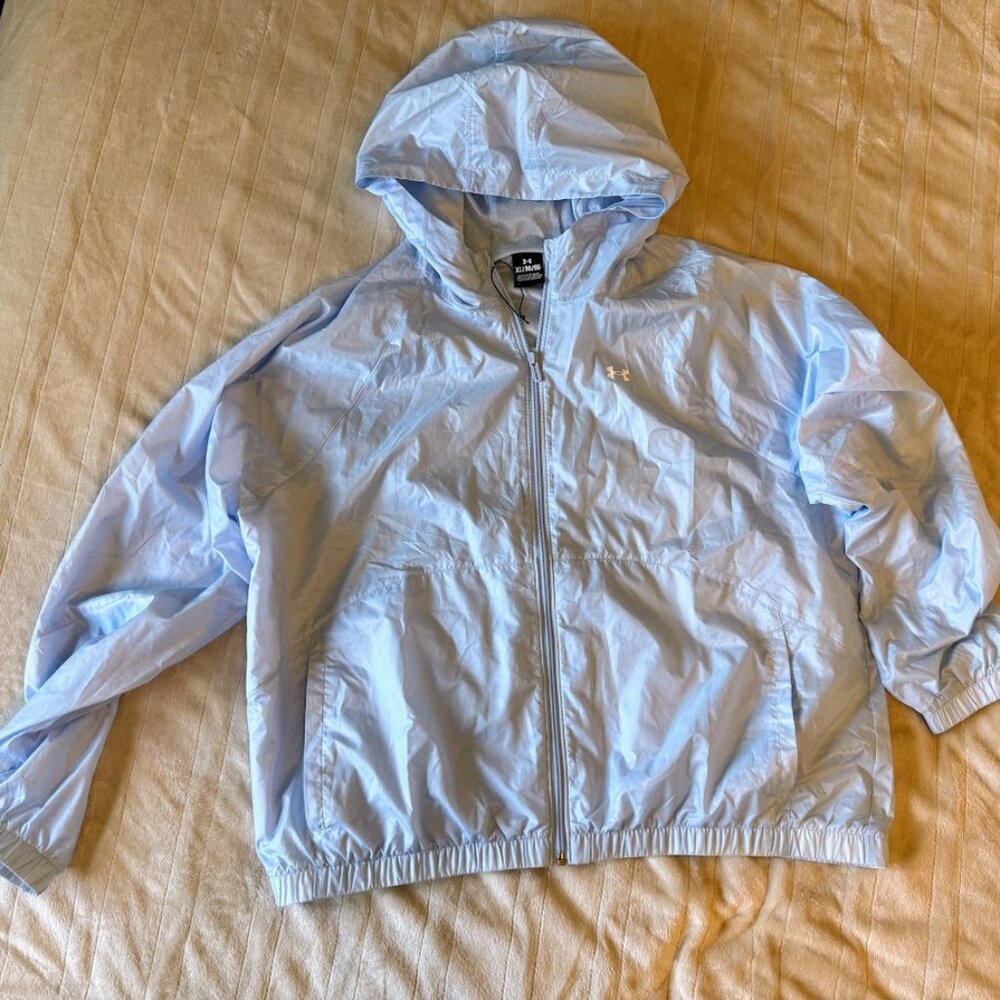 Under Armour Forefront Women's Rain Blue Nylon Wind Breaker Full Zip‎ Hood UV XL